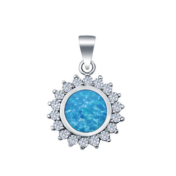 Round Lab Created Blue Opal Pendant Charm Simulated CZ 925 Sterling Silver(15mm)